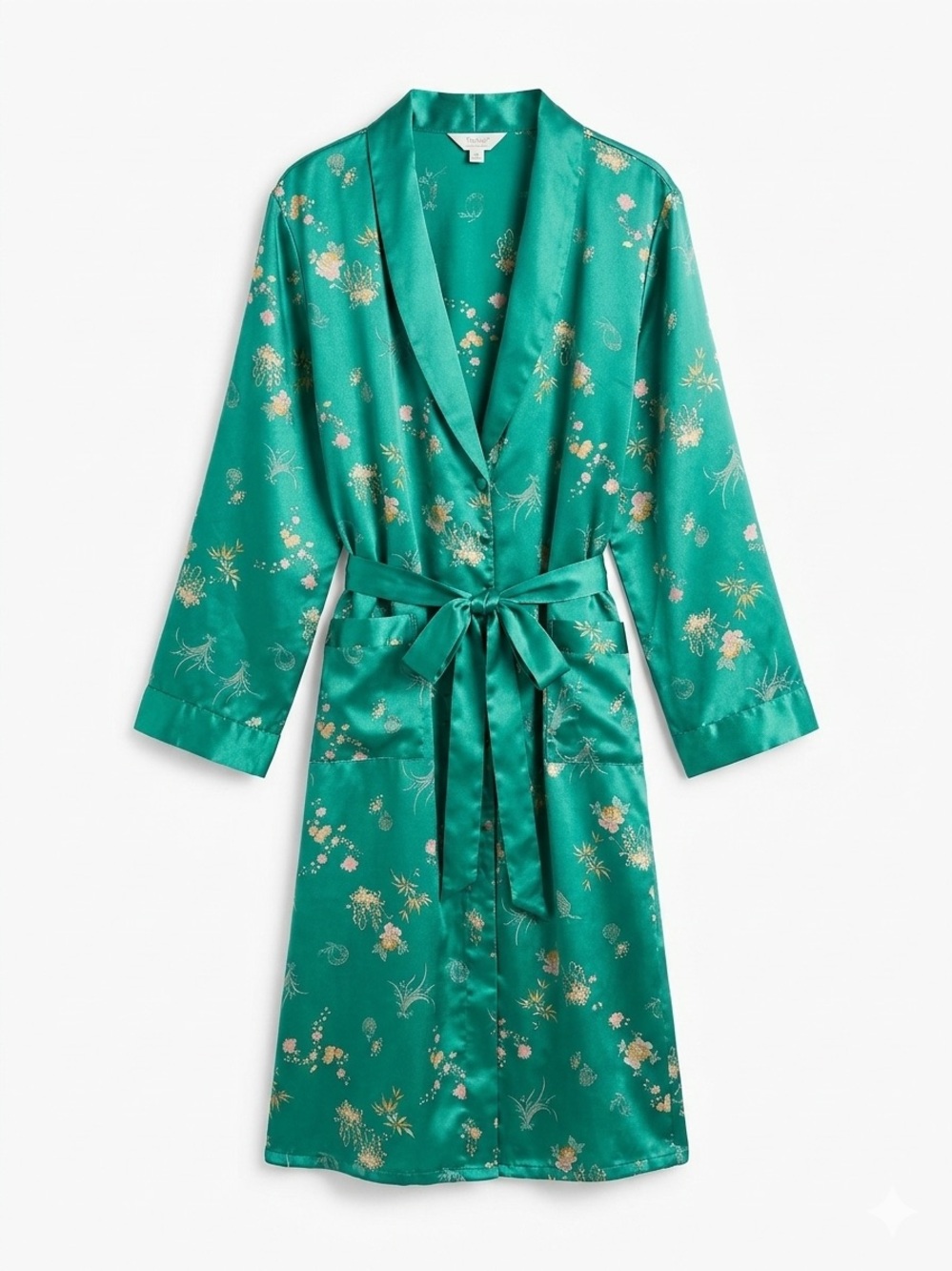 Vintage Celsa Emerald Green Satin Floral Kimono Robe Asian Style Lounger